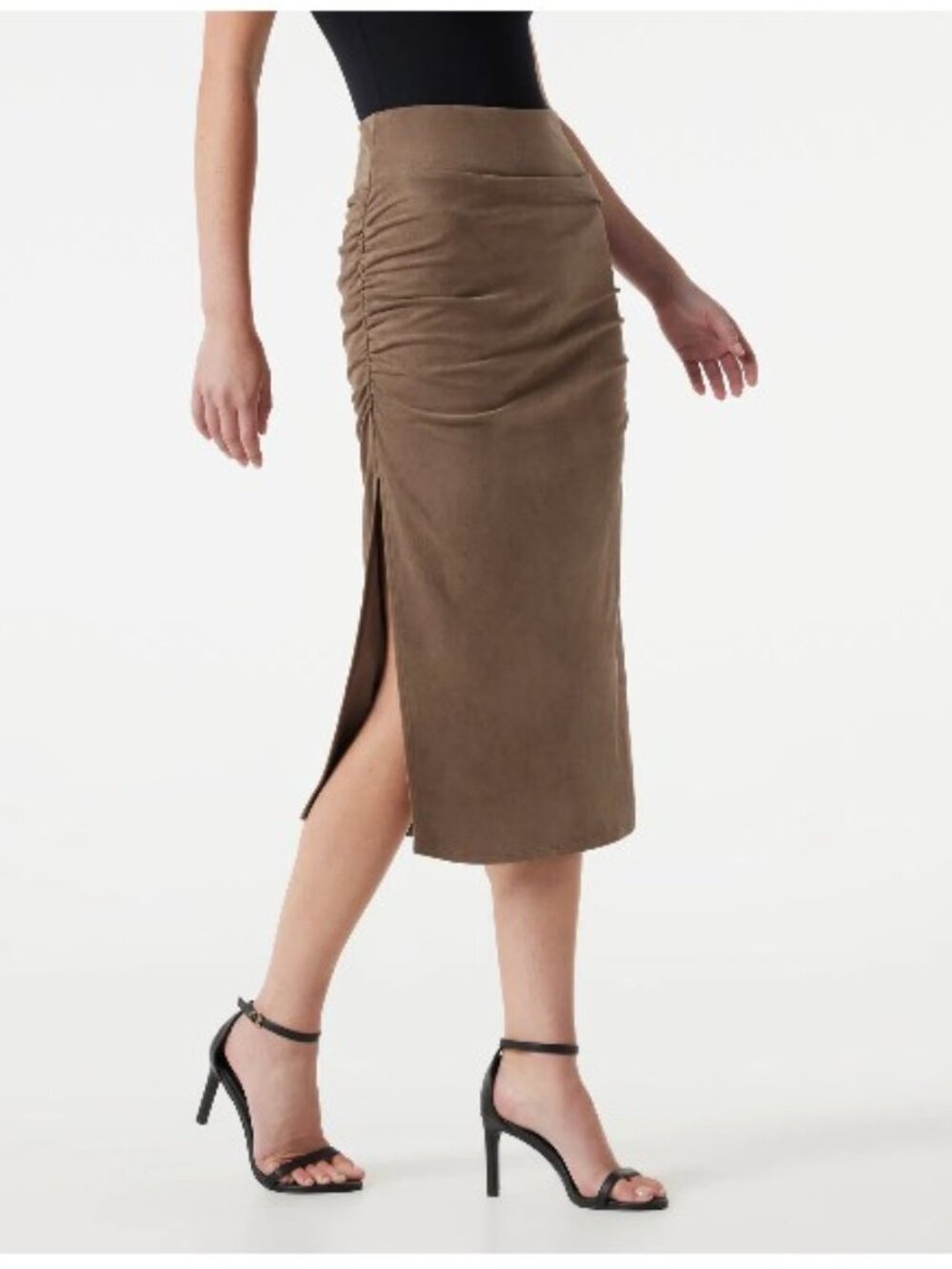 High Waisted Tummy Control Ruched Bodycon 2-in-1 Suede Midi Skirt